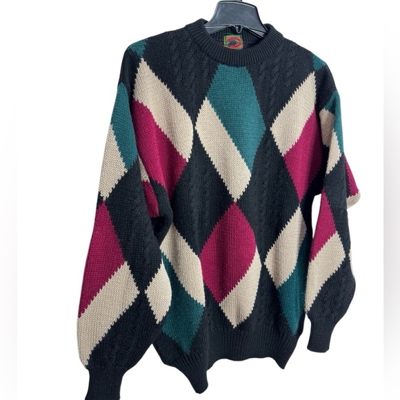 VTG 90s Boston Traders Men's Sweater Large Black 100% Wool Color Block Crewneck - Picture 4 of 13